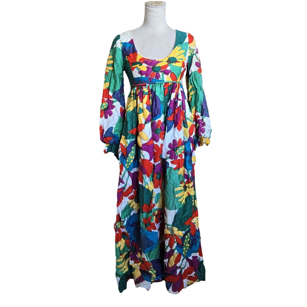 Vtg‎ 1970s Floral Maxi Dress Psychedelic Puff Sleeve Boho Hippie Festival Small
